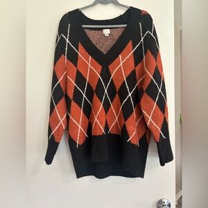 Oversized M a new day Argyle Pattern V-Neck Fall Cozy Sweater Black and Orange